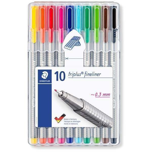 Staedtler Triplus Fineliner Drawing Pens .3mm, 10-Pack, Assorted Colors (SKU 11514732155)