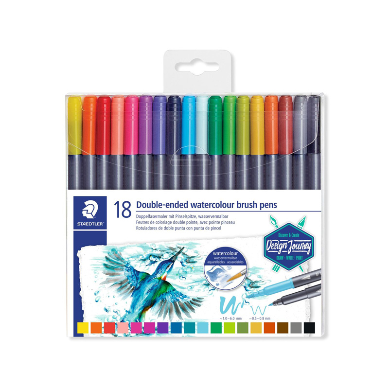 Staedtler Double-Ended Watercolor Brush Pens 1.0-6mm/0.5-0.8mm 18-Color Set (SKU 14571015155)